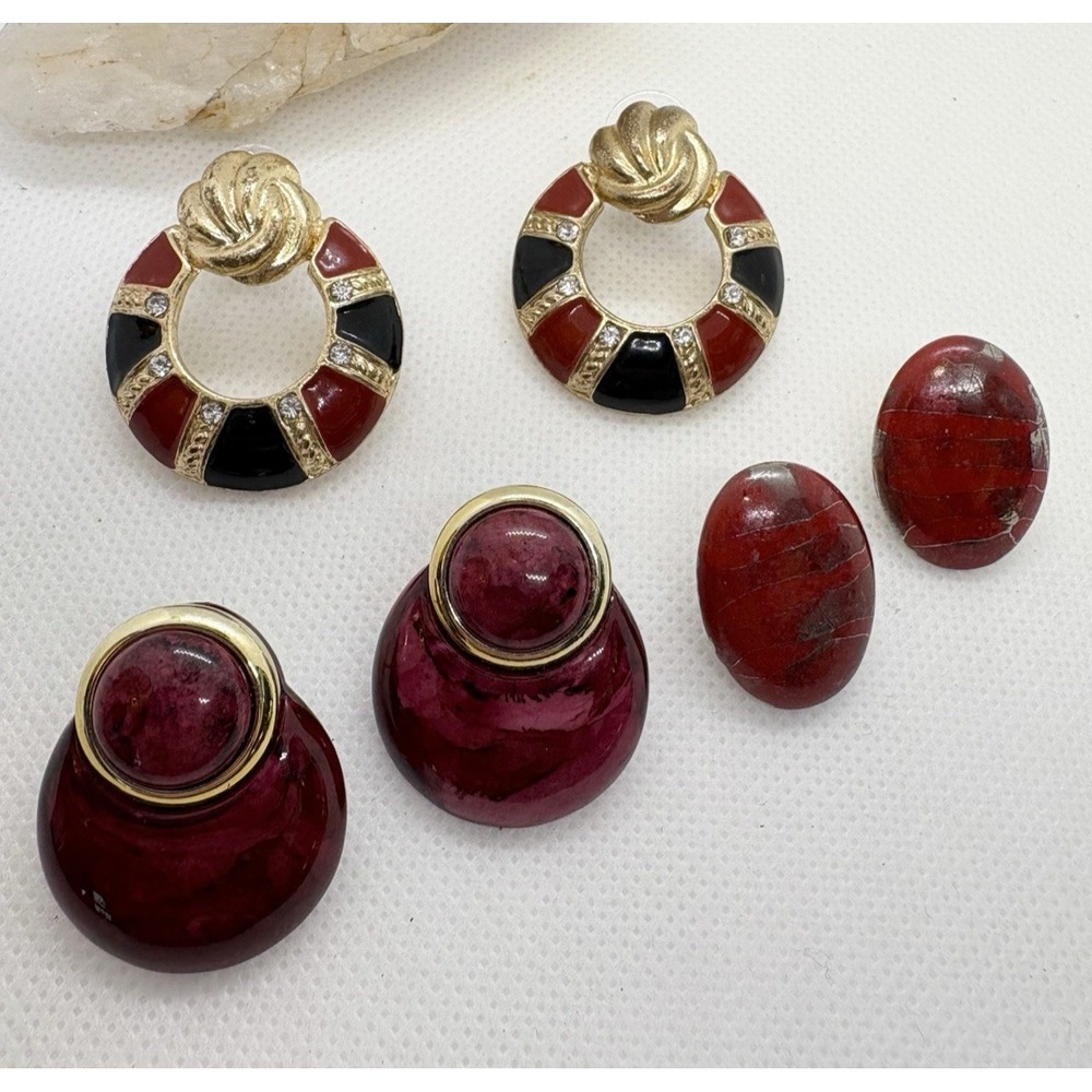 Lot of 3 Vintage Earrings Red & Black Enamel Metal Ceramic Oval Retro 80s‎ 90s